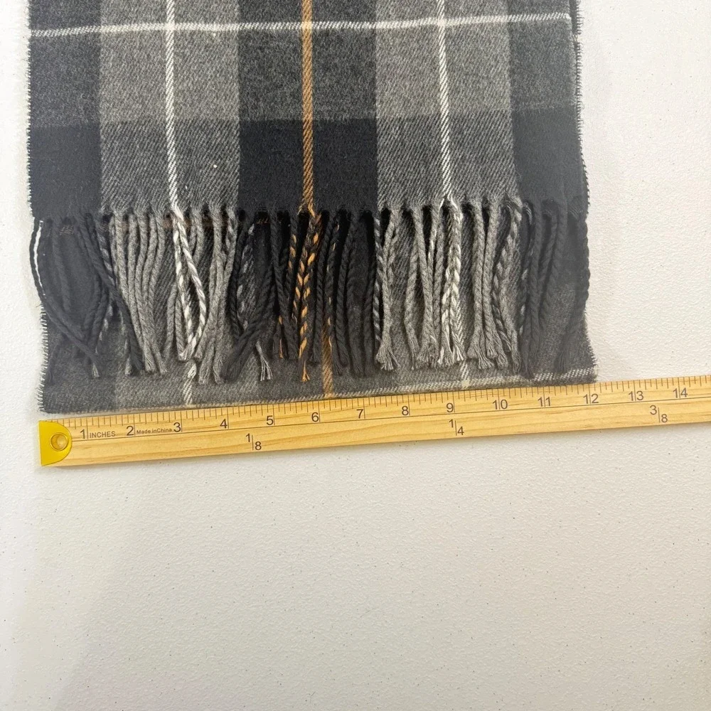 Made in Italy Grey Plaid Acrylic Fringe Scarf‎ Black White Orange Accent